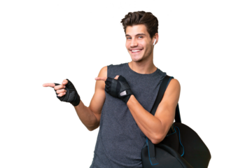 Young sport caucasian man with sport bag over over isolated background pointing finger to the side and presenting a product