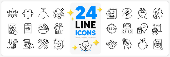 Icons set of Electric energy, Deflation and Analytics chart line icons pack for app with Seo, Bid offer, Repair thin outline icon. Food delivery, Like, Survey pictogram. Puzzle. Vector
