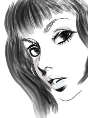 Digital sketch of fictional girl in dark gray tones. Digital illustration for design - 685036443