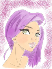 Digital sketch of fictional girl with pink tones. Digital illustration for design - 685036471