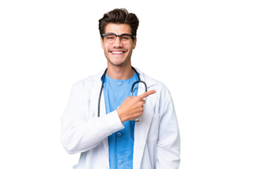 Young doctor man over isolated background pointing to the side to present a product