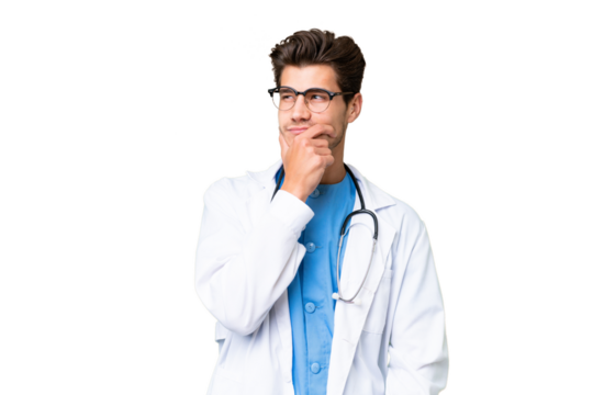 Young doctor man over isolated background having doubts and with confuse face expression