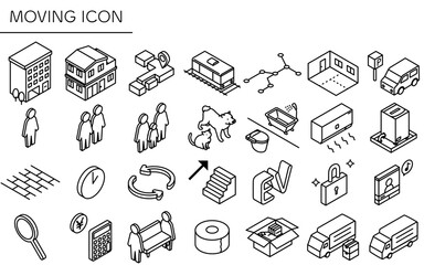 Finding a room in a rental property: moving icon set (isometric)