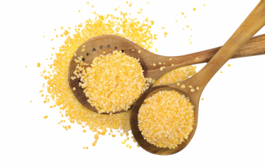 Corn flakes in wooden spoon isolated on white, top view, 