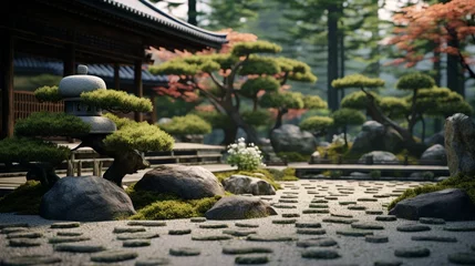 Selbstklebende Fototapeten A peaceful Zen garden with meticulously raked gravel and bonsai trees. © Amna