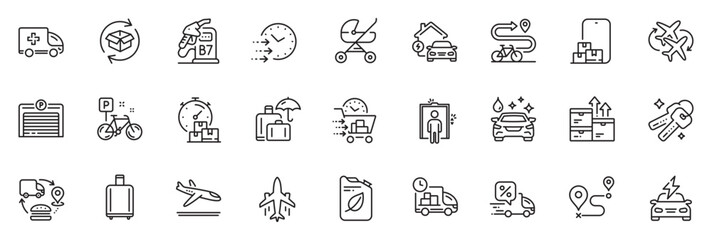 Icons pack as Car wash, Delivery and Diesel station line icons for app include Plane, Fast delivery, Luggage insurance outline thin icon web set. Online storage, Supply chain, Bike pictogram. Vector