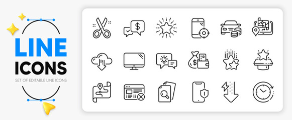 Cloud download, Cut and Smartphone protection line icons set for app include Energy drops, Ranking stars, Reject web outline thin icon. Computer, Winner podium, Change money pictogram icon. Vector