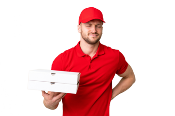 Pizza delivery man with work uniform picking up pizza boxes over isolated chroma key background suffering from backache for having made an effort