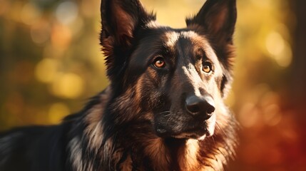 Fototapeta premium Close-up portrait of a German Shepherd dog with space for text, background image, AI generated