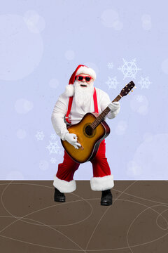 Vertical creative composite collage photo of cool grandfather wear santa costume play guitar on christmas isolated on drawing background