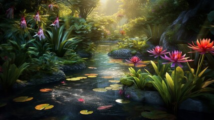 A serene water garden with lilies and dragonflies, captured in high resolution