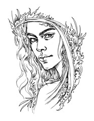 girl with long hair pen drawing for card illustration decoration