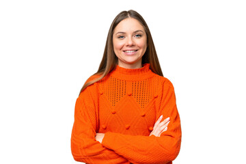 Young blonde woman over isolated chroma key background keeping the arms crossed in frontal position