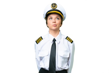 Airplane pilot woman over isolated chroma key background and looking up