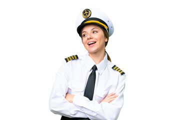 Airplane pilot woman over isolated chroma key background happy and smiling
