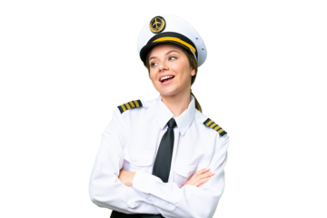 Airplane pilot woman over isolated chroma key background happy and smiling