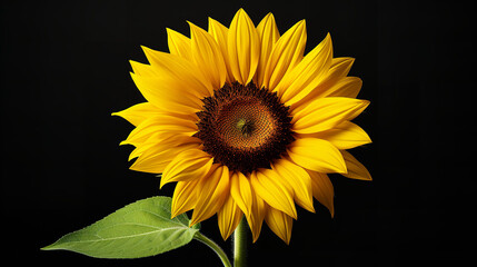 A single, bright sunflower with a vivid yellow bloom, set against a black background