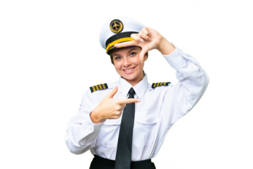 Airplane pilot woman over isolated chroma key background focusing face. Framing symbol