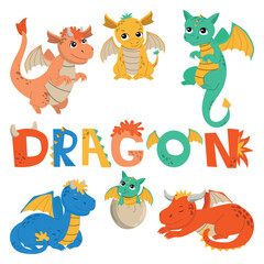 Dragons vector set in cartoon style. Fantasy character baby vector illustration