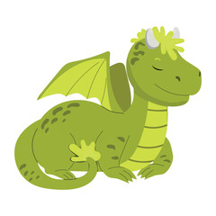 Cartoon baby green dragon slipping. Fantasy character vector illustration