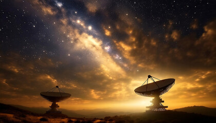 Two large radio telescopes with satellite dishes on planet Earth pointing at starry sky. High-tech astronomical observatory for observing the cosmos with its stars and galaxies.