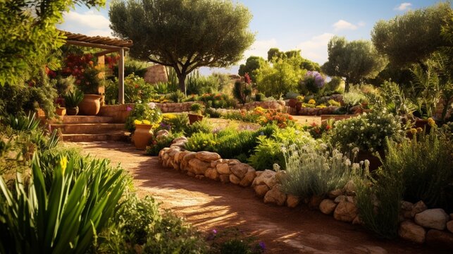 A 4K image of a Mediterranean herb garden with aromatic plants