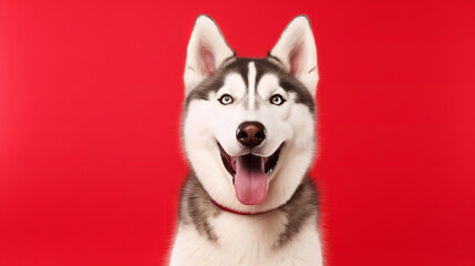 Fototapeta premium Happy and excited purebred dog, Siberian Husky over red background. Smile. Concept of domestic animals, studio photo