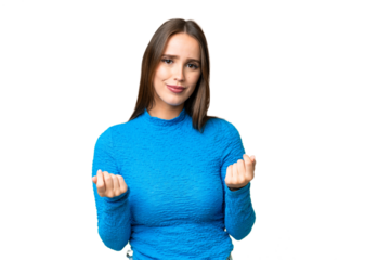 Young beautiful woman over isolated chroma key background making money gesture but is ruined