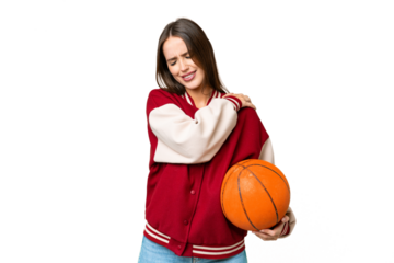 Young beautiful woman playing basketball over isolated chroma key background suffering from pain in shoulder for having made an effort