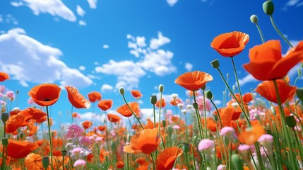 A vibrant field of poppies in full bloom against a blue sky.