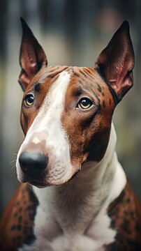 Close-up portrait of a Bull Terrier dog with space for text, background image, AI generated