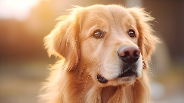 Close-up portrait of a Golden Retriever dog with space for text, background image, AI generated