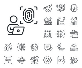 Finger print scan sign. Energy, Co2 exhaust and solar panel outline icons. Computer fingerprint line icon. Biometric identity symbol. Computer fingerprint line sign. Vector