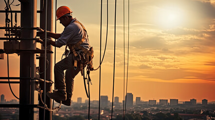 Electricians Installing and Repairing Power Lines on Electric Poles