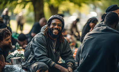 Positive black homeless man in the park after free lunch.