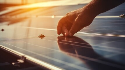 Close-up Technician's hand on a solar panel. natural light and shadow 