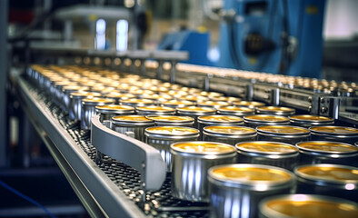 Production of canning jars in large quantities in a factory. Canned goods on the conveyor - obrazy, fototapety, plakaty