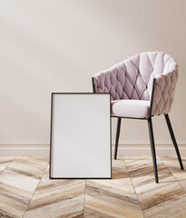 Mock up frame in home interior background, empty beige room with chair and frame, 3d render
