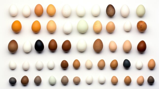 Collection of poultry eggs on white background,Eggs of each type of poultry