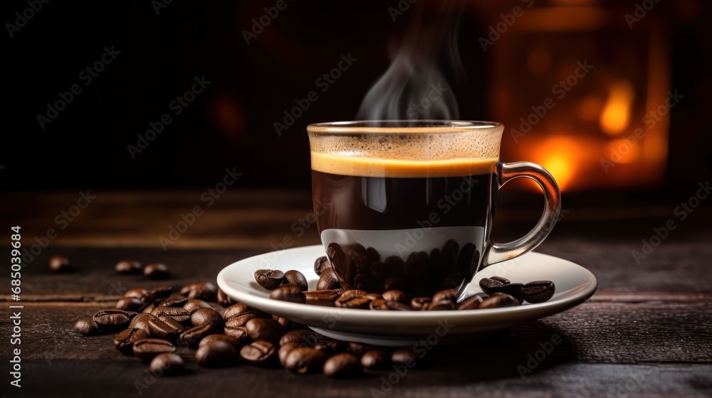 Wall mural Cup of espresso with coffee beans on an old black wooden 