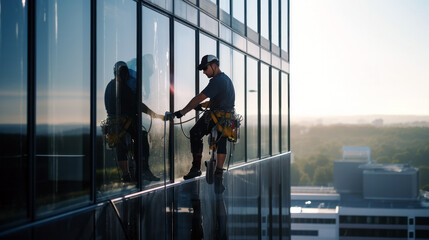 worker cleaning window glasses on high rise building - obrazy, fototapety, plakaty