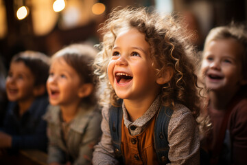 Fototapeta premium Capturing Happiness: Photo of Laughing Children, Radiating Joyful Emotions, Bright Smiles, and Infectious Laughter, Creating an Atmosphere Overflowing with Pure Happiness