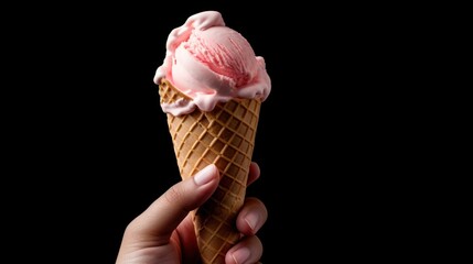 Female hand holding strawberry ice cream cone, 