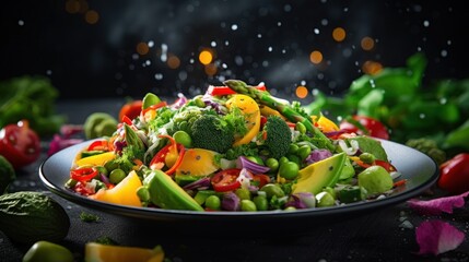 Clean healthy food concept,Fresh green vegan salad with asparagus and green peas  - obrazy, fototapety, plakaty