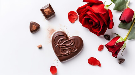 top view of heart-shaped chocolate candy and red roses on a white table, a valentines day gift