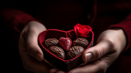 close up of hands holding a valentines day heart-shaped present with chocolate candies - obrazy, fototapety, plakaty