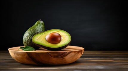 Half an avocado on a wooden bowl, dark rustic background. Top view, 