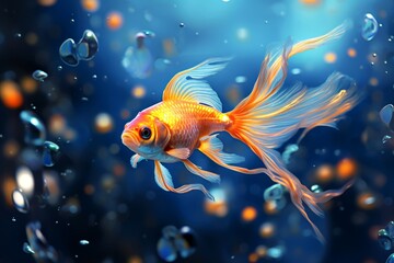 Close up of a goldfish swims happily in a aquarium with a lot of bubbles around it.