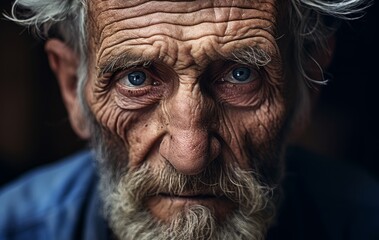 Close up shot of the wrinkled face of the old Caucasian man looking at the camera.