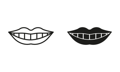 Healthy Human Smile Silhouette and Line Icons Set. Beauty Lips and White Teeth Pictogram. Oral Care, Mouth with Teeth, Dental Treatment Symbol Collection. Dentistry Sign. Isolated Vector Illustration